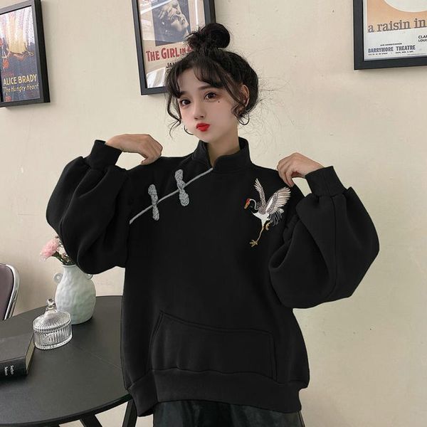 

women's hoodies & sweatshirts vintage style print button pockets clothing loose stand long sleeve pullover and embroidery ladies, Black