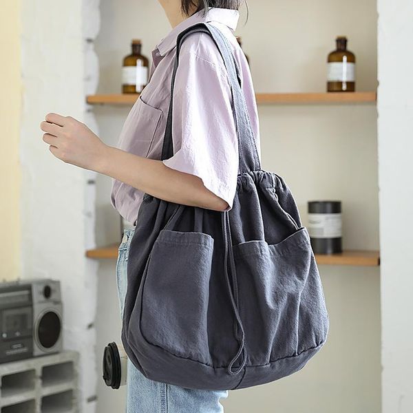

evening bags casual simple large-capacity drawstring handbag washed canvas literary solid color shoulder bag
