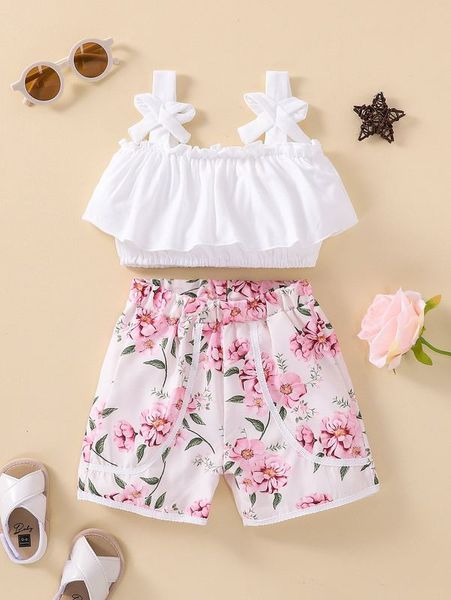 

baby bow front frill trim cami & floral print shorts she01, White