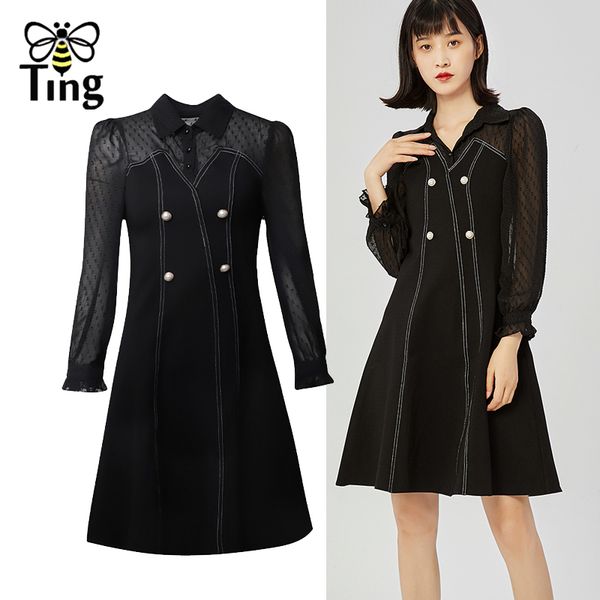 

vintage soft sweet girl spring autumn casual black mini dress turn down collar chiffon sleeve patchwork a line dresses z 210513, Black;gray