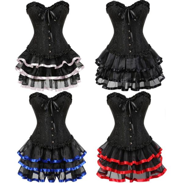

bustiers & corsets overbust burlesque corset and tutu skirt set vintage lace up dress corselet party plus size body shaper, Black;white