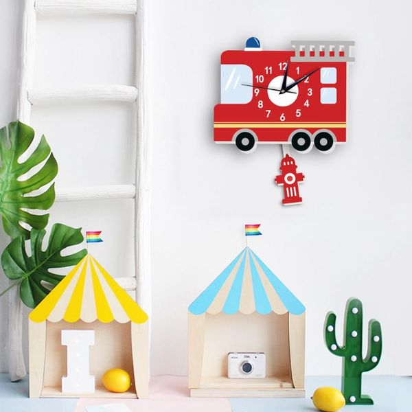 

wall clocks cartoon fire truck clock home children bedroom living room silent pendulum kindergarten decor