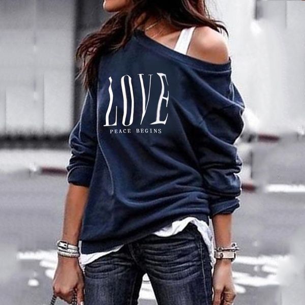 

2021 new love gray womens one shoulder casual letter print long sleeve t-shirts female plus size spring autumn clothes, White