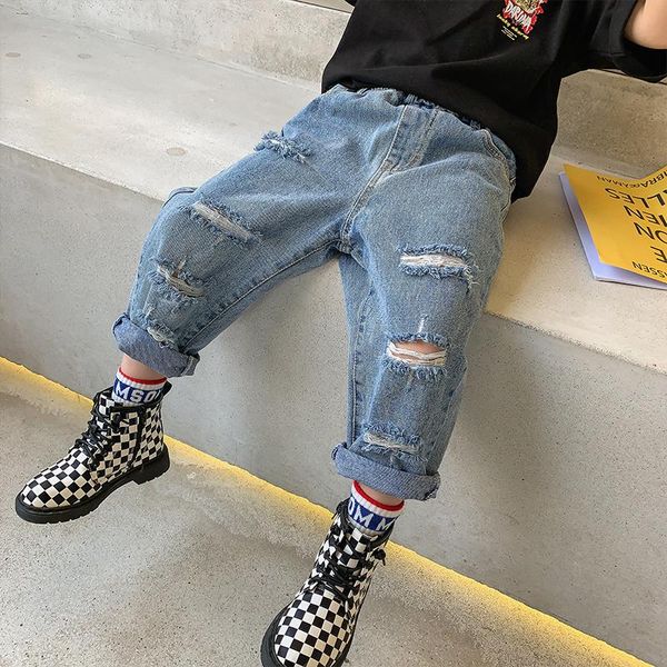 

children jeans boys baby handsome causal hole cowboy denim cropped pants summer 2021 korean fashion for older, Blue