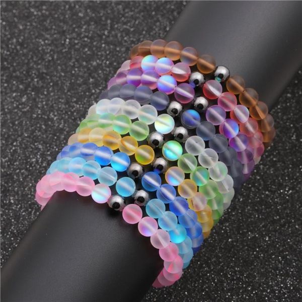 

round mystic glass beaded stretch bracelet 8mm matte moonstone beads hxbf link, chain, Black