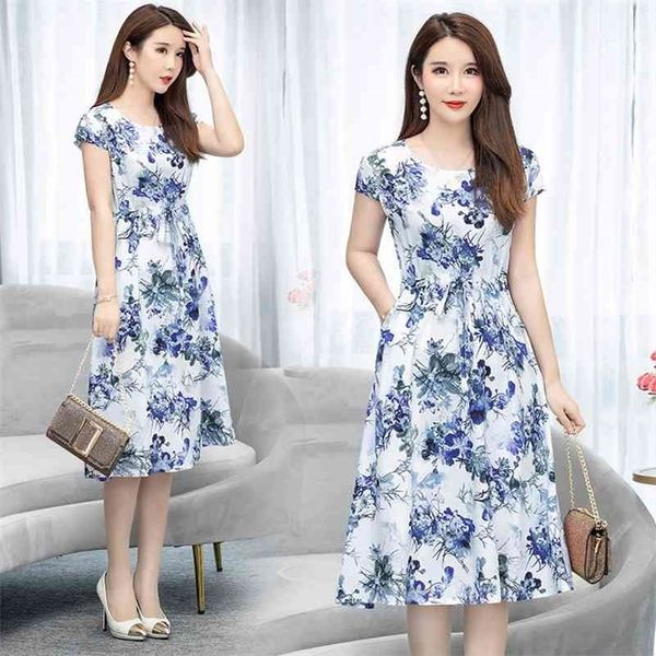 Lose Party Vestidos Casual Kleid Sunddress Plus Size Women Clothdruck Elegant O-Neck Kurzarm Sommer Straight Natural 210630