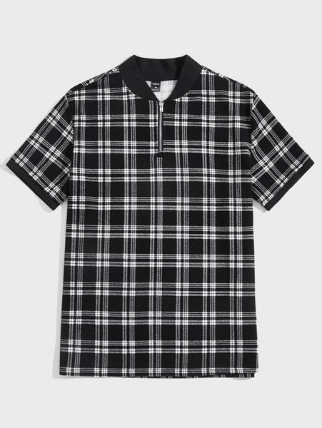 

men plaid print quarter zip polo shirt 30m0#, White;black