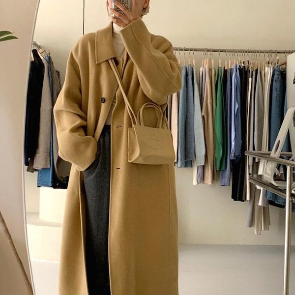 

women's wool & blends french warm female single breasted blend winter retro elegant loose solid women woolen coats chic casual long clo, Black