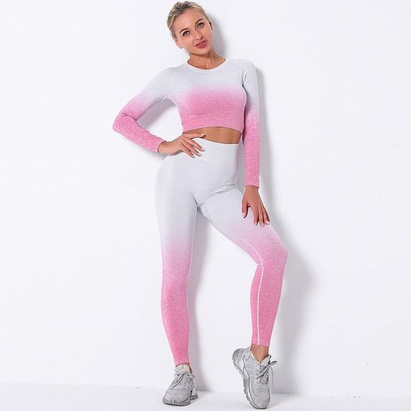 

yoga outfit dyeing gradient women set seamless leggings long sleeve crop running pants gym clothing fitness workout sports suit