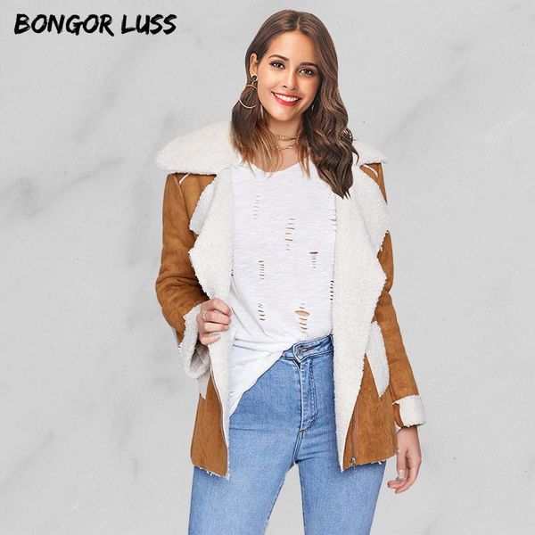 

women's jackets bongor luss turn down collar patchwork pockets zipper suede jacket casual women winter long coat thick warm outwear str, Black;brown