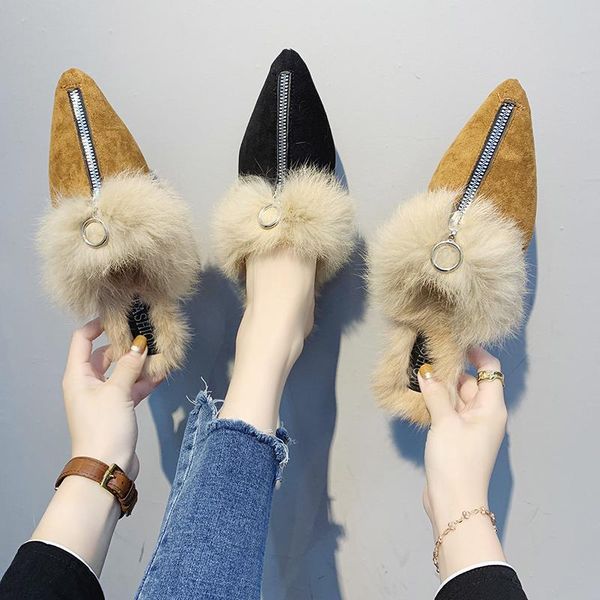 

slippers metal zipper close toe shoes woman solid flock fur mules plush flats velvet slides femme comfy brief feather flip flops, Black