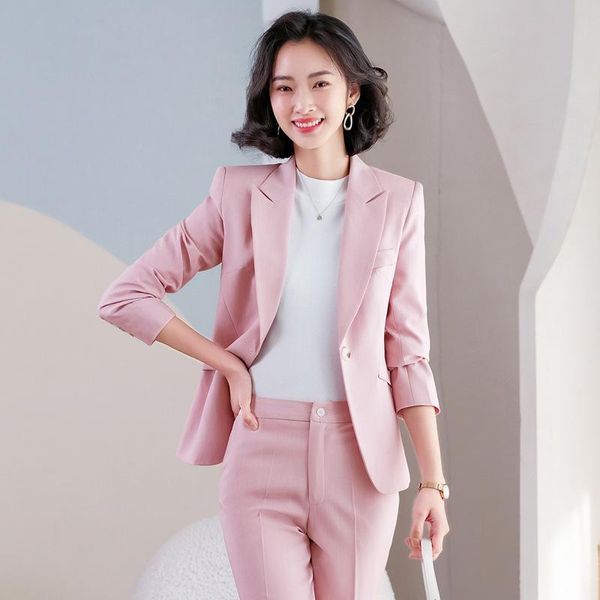 

women's two piece pants large size professional suit two-piece 2021 autumn and winter temperament slim jacket casual nine-point, White