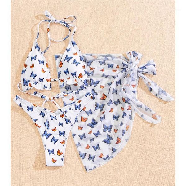 

halter butterfly printed bikini female swimsuit women swimwear three-pieces set with sarong bather bathing suit y2916 women's, White;black