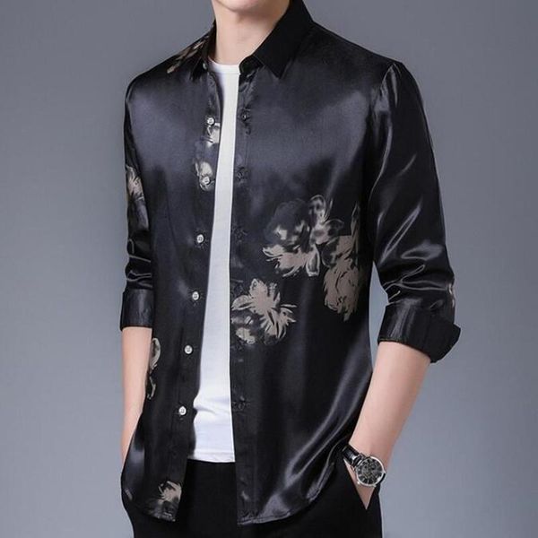 

men's casual shirts sleeve brand long men social shirt spring streetwear floral dress mens slim regular fit clothes fashions, White;black