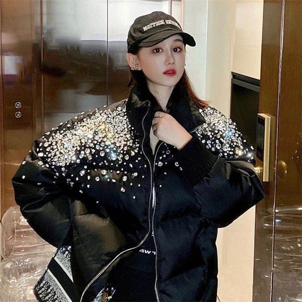 

coats black jacket warm crystal beading zipper-up turtelneck bubble coat womens winter clothing, Tan;black