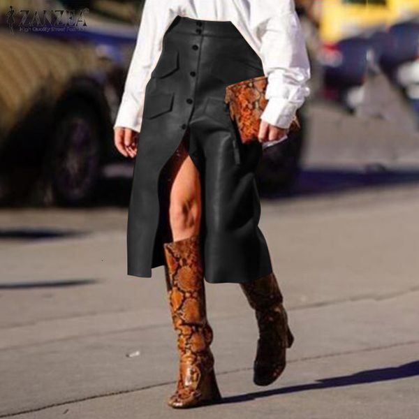 

skirt fashion front split women's pu leather vestidos 2021 casual spring high waist pockets skirts plus size solid robe, Black