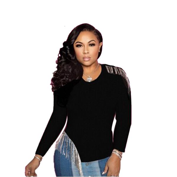 

tee women's come black solid neck shirts with metal fringe thin sleeves elastic bluas spring 2021 ytko, White