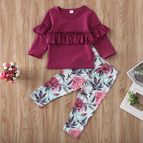 

toddler baby girl clothes solid color long sleeve ruffle flower print pants 2pcs outfits cotton set, White
