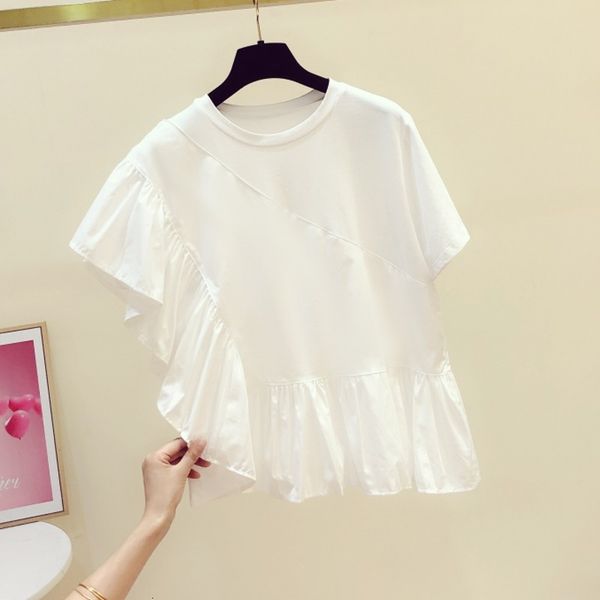 

t shirt white cotton t shirt for women summer korean irregular ruffles short-sleeve round collar t-shirt female