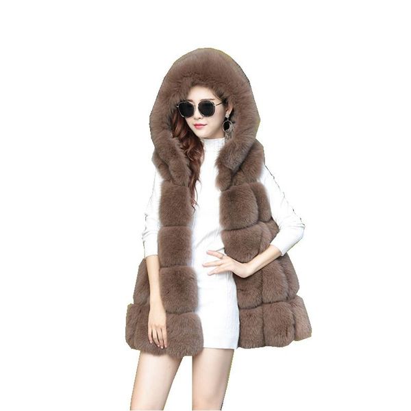 

women's fur & faux lady real vest waistcoat with hoody autumn winter genuine women gilet slim warm outerwear coats lf4235, Black