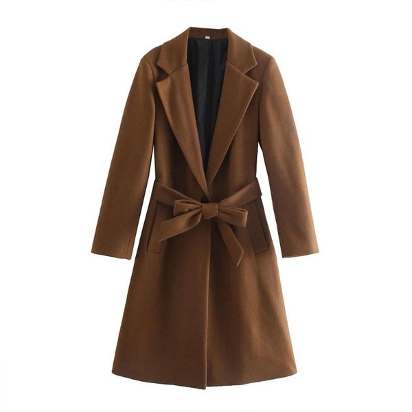 

women's wool & blends women 2021 autumn fashion with belt single buckle woolen coat jacket vintage long sleeve pockets female outerwear, Black