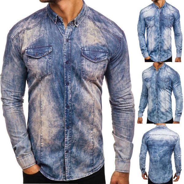 

men's casual shirts simple solid color contrast long-sleeved denim shirt retro wash -xxxl at leisure time, White;black