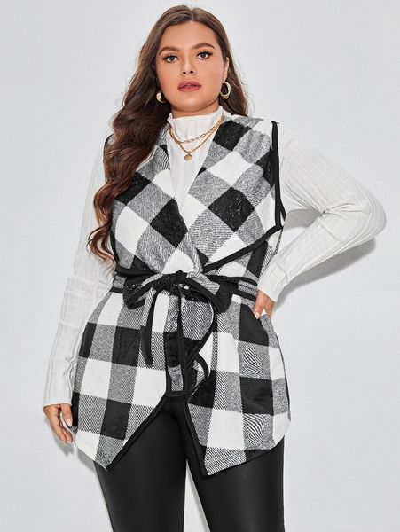 

plus waterfall collar buffalo plaid belted flannel vest coat l8qq#, Black