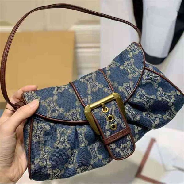 

2021 new antique armpit niche design denim middle ancient french stick single shoulder half moon women's bag