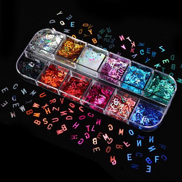 

nail art decorations 12 grids laser letter sequins glitter flakes holographic paillette iridescent decoration 3d, Silver;gold