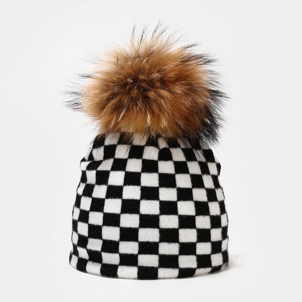 

beanies 2021 fashion leopard zebra plaid cow print wool knitted hats winter real raccoon fur pompom hat for women