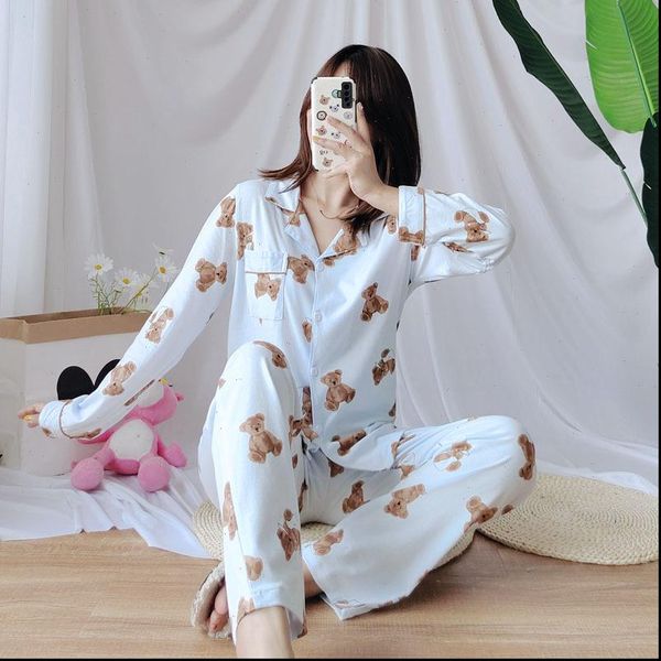 

knitted cartoon bear soft womens sleepwears and comfortable 100% cotton pajamas long sleeve trousers women pijamas set ropa interior, Black;red
