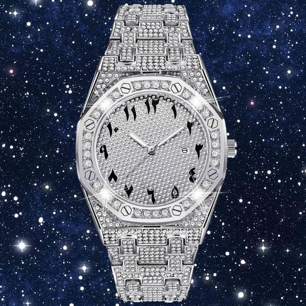 

hip hop watch men luxury bling diamond iced out men's watches fashion quartz wristwatch man arabic numerals montre homme 2021, Slivery;brown