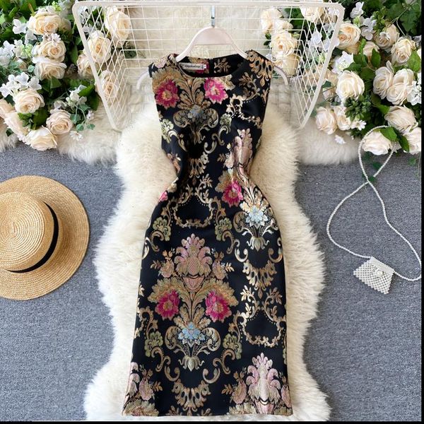 

runway vintage black flower embroidery womens dresses jacquard tank elegant sleeveless summer autumn party mini, Black;gray