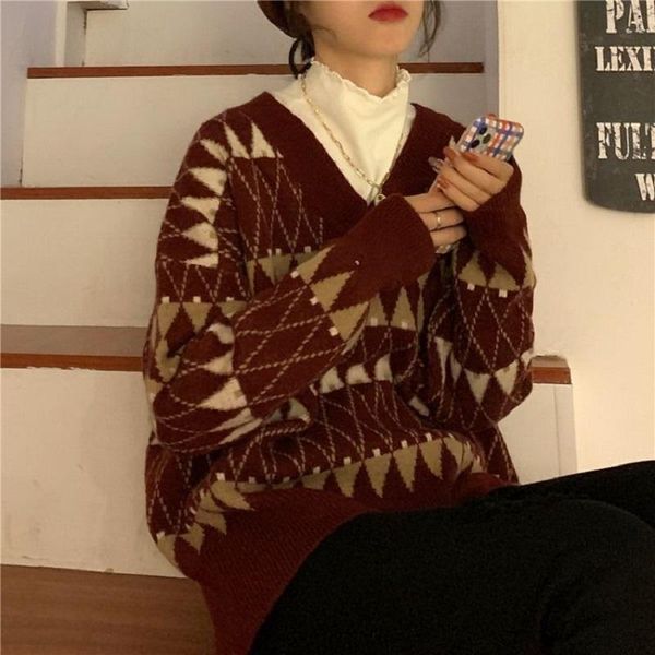 

women's sweaters deeptown korean fashion vintage knitted argyle sweater women lazy wind loose v-neck color matching pullover autumn win, White;black