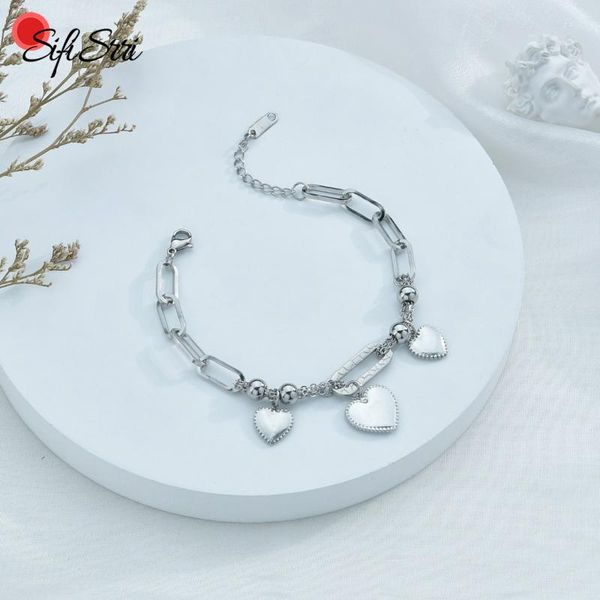 

link, chain sifisrri fashion corroded piece three peach heart bracelet stainless steel for couple women wrist jewelry gift, Black
