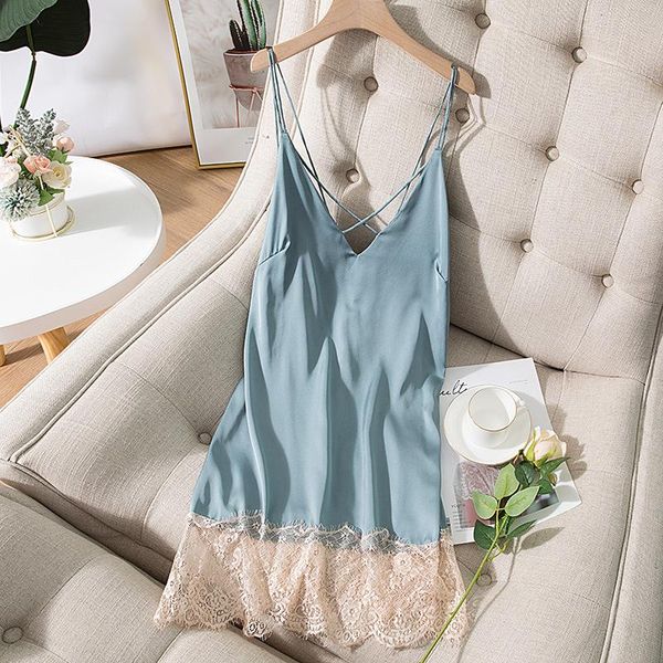 

women's sleepwear summer satin nightgown lace patchwork women spaghetti strap nightdress intimate lingerie bathrobe nightwear, Black;red