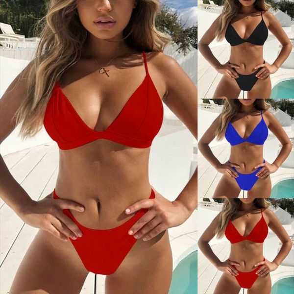 

triangle bikini set women womens swimsuits solid bathing suit summer beach female low waist black blue red swimsuit biquini, White;black