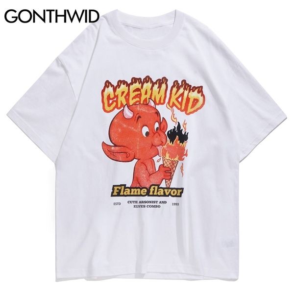 Gonthwid Fire Flame Devil Cream Print Thirts Streetwear Мужская хип-хоп Harajuku повседневная короткая рукава тройники футболки Tops 210324