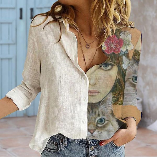 

women's t-shirt women casual long sleeve patchwork face print tshirts color block round neckline retro shirts for, White