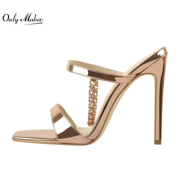 

sandals onlymaker slip-on shoes for women metal chain summer patent square toe thin high heel open slipper sandal, Black