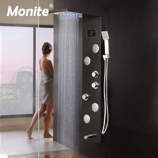 

monite dark grey nickel brush digital display shower panel column led head rainfall spa jets bath mixer faucet bathroom sets