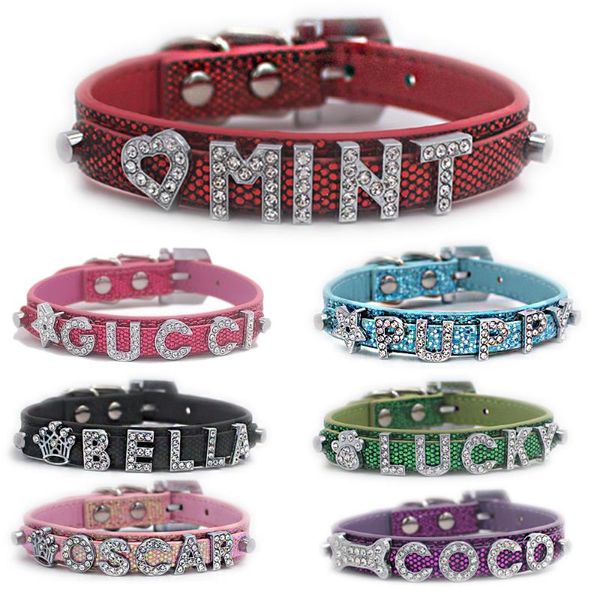 Collari per cani Guinzagli Bling Collare per animali domestici personalizzato Strass Personalizzato Nome gratuito Cucciolo con fibbia a diamante per cani di taglia piccola e media