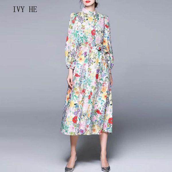 

casual dresses ivy he autumn dress woman clothing broken flower printing holiday beach long zafu party vintage, Black;gray