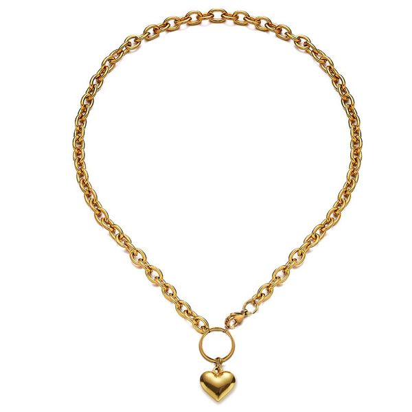 

pendant necklaces lasso stainless steel chunky chain circle heart necklace for women choker collar jewelry gift, Silver