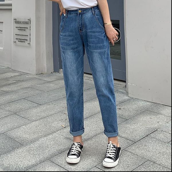 

casual denim loose high women jeans waist plus size l 8xl trousers thin cotton carrot fashion pants, Blue