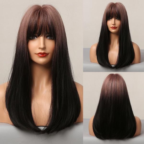

synthetic wigs alan eaton medium long straight hair with bangs fringe ombre rose red pink black cosplay party bob for women