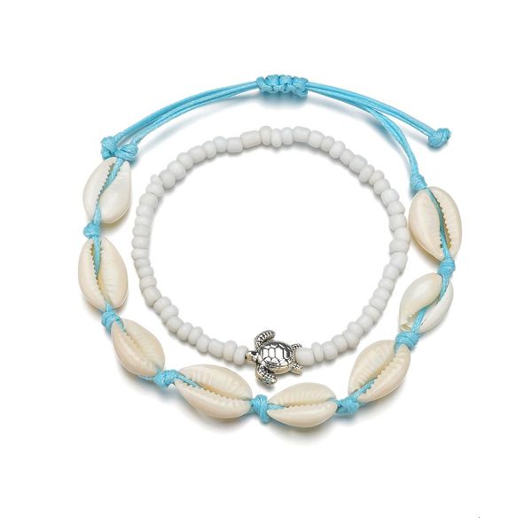 

vsco puka shell anklets 2 pieces set for vsco girl woven natural shells hawaiian style casual hand ornament beach seashell anklets, Red;blue
