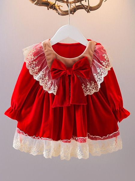 

girl's dresses baby long sleeve dress toddle girls velvet lace princess a-line bowknot festive christmas party winter warm, Red;yellow