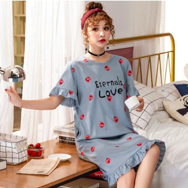 

women's sleepwear women summer cotton nightgowns short-sleeved korean loose plus size 5xl fit 90 kg nightshirt female cartoon prin, Black;red