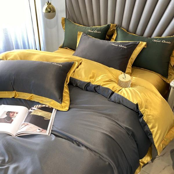 

bedding sets luxury satin silky set us king  size golden embroidery super soft bed sheet duvet cover